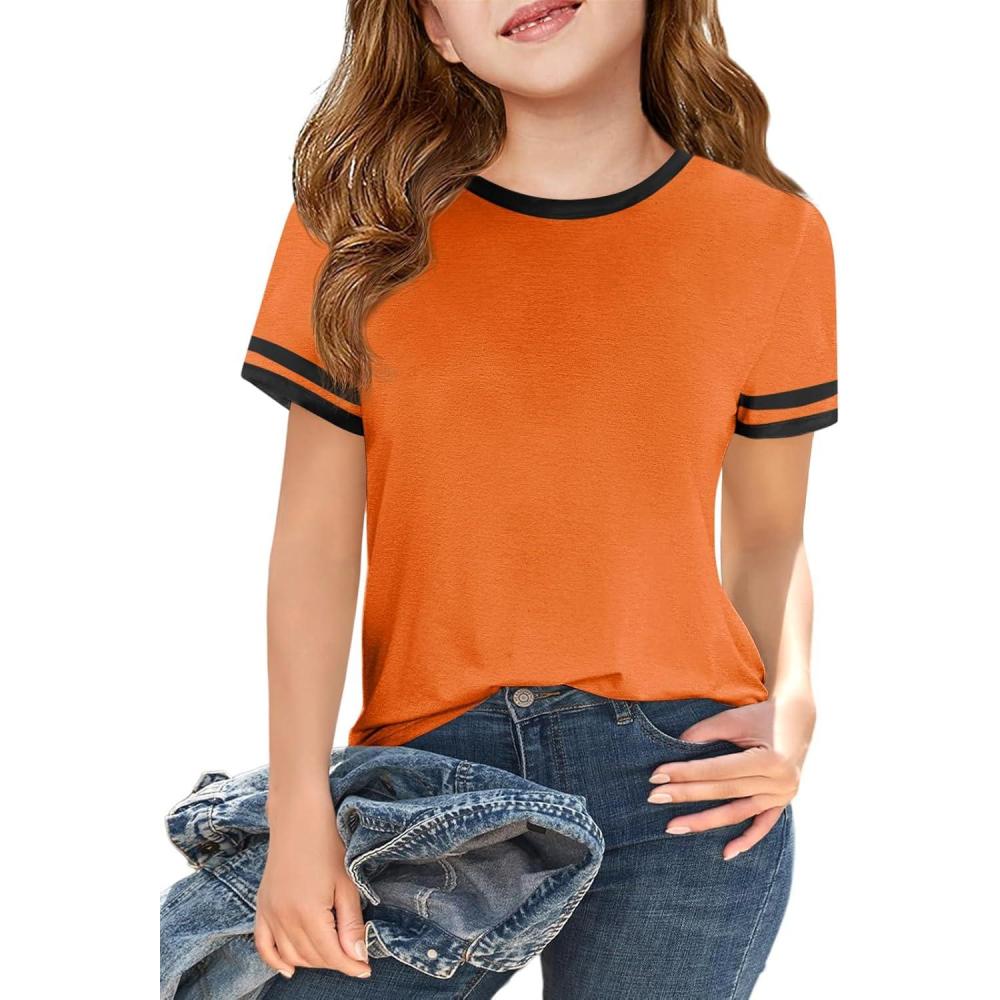 image:imageHaloumoning Girls Short Sleeve T Shirts Kids Summer Crewneck Color Block Tops Fashion Tees 514 YearsOrange