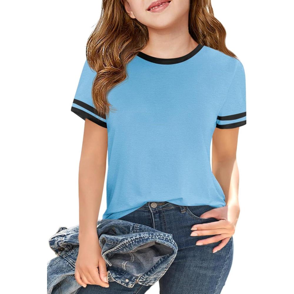 image:imageHaloumoning Girls Short Sleeve T Shirts Kids Summer Crewneck Color Block Tops Fashion Tees 514 YearsSky Blue