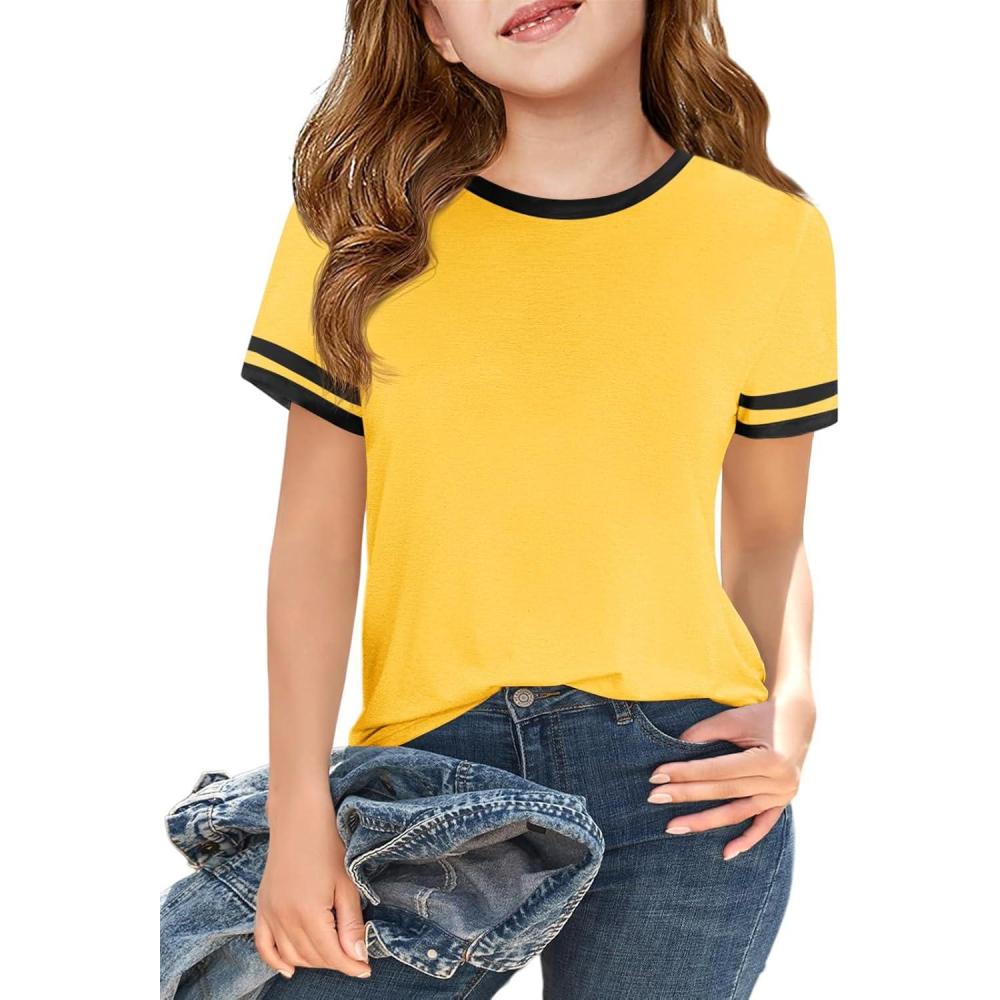 image:imageHaloumoning Girls Short Sleeve T Shirts Kids Summer Crewneck Color Block Tops Fashion Tees 514 YearsYellow
