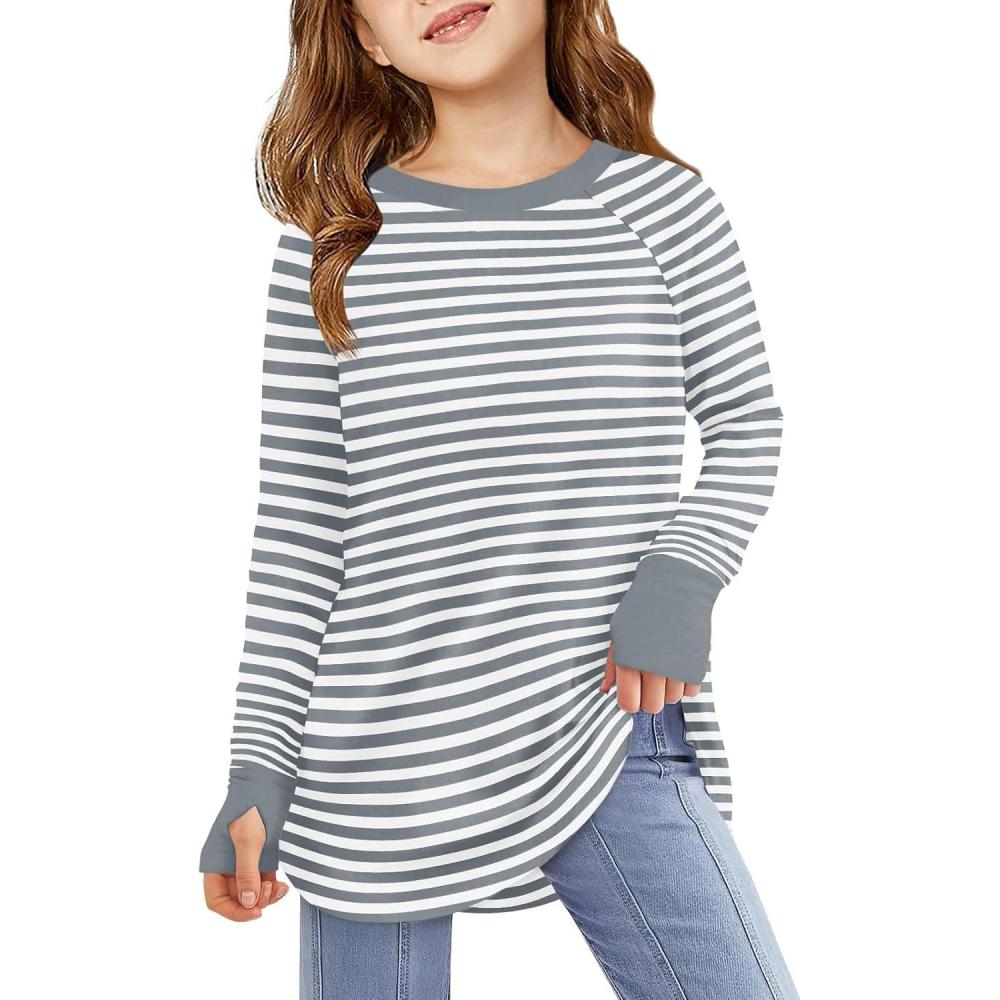 image:imageHaloumoning Girls Striped Thumb Hole Long Sleeve Shirts Kids Crewneck Tunic Tops Curved Hem Tees 514 YearsGrey