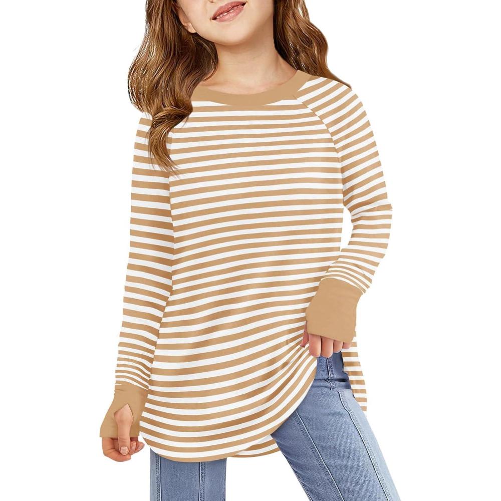 image:imageHaloumoning Girls Striped Thumb Hole Long Sleeve Shirts Kids Crewneck Tunic Tops Curved Hem Tees 514 YearsKhaki