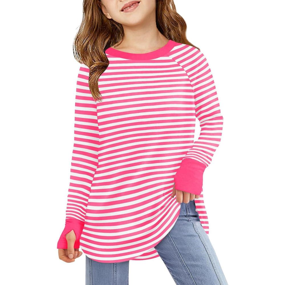 image:imageHaloumoning Girls Striped Thumb Hole Long Sleeve Shirts Kids Crewneck Tunic Tops Curved Hem Tees 514 YearsRose Red