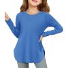 Haloumoning Girls Long Sleeve Shirts Kids Curve Hem Side Slit Soft Tunic Tops T-Shirts 5-14 Years(Jewelry Blue)