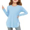 Haloumoning Girls Long Sleeve Shirts Kids Curve Hem Side Slit Soft Tunic Tops T-Shirts 5-14 Years(Light Blue)