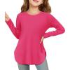 Haloumoning Girls Long Sleeve Shirts Kids Curve Hem Side Slit Soft Tunic Tops T-Shirts 5-14 Years(Rose Red)