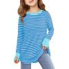 Haloumoning Girls Striped Thumb Hole Long Sleeve Shirts Kids Crewneck Tunic Tops Curved Hem Tees 5-14 Years(Light Blue)