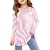 Haloumoning Girls Striped Thumb Hole Long Sleeve Shirts Kids Crewneck Tunic Tops Curved Hem Tees 5-14 Years(Pink)
