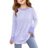 Haloumoning Girls Striped Thumb Hole Long Sleeve Shirts Kids Crewneck Tunic Tops Curved Hem Tees 5-14 Years(Purple)