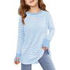 Haloumoning Girls Striped Thumb Hole Long Sleeve Shirts Kids Crewneck Tunic Tops Curved Hem Tees 5-14 Years(Sky Blue)