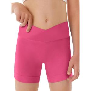 Girls Athletic Shorts Slim Tummy Control V Cross Waist Short Leggings Bike Dance Gymnastics Shorts(A-hot Pink)