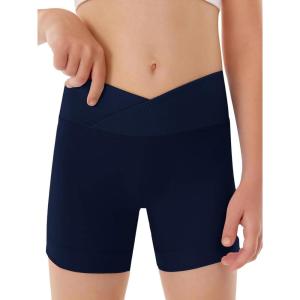 Girls Athletic Shorts Slim Tummy Control V Cross Waist Short Leggings Bike Dance Gymnastics Shorts(Navy Blue)