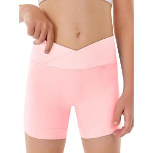 Girls Athletic Shorts Slim Tummy Control V Cross Waist Short Leggings Bike Dance Gymnastics Shorts(Pink)