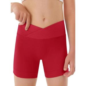 Girls Athletic Shorts Slim Tummy Control V Cross Waist Short Leggings Bike Dance Gymnastics Shorts(Red)