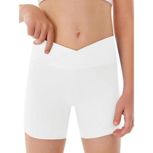 Girls Athletic Shorts Slim Tummy Control V Cross Waist Short Leggings Bike Dance Gymnastics Shorts(White)