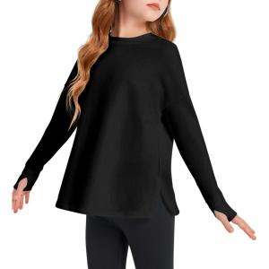 Haloumoning Girls Athletic Shirts Long Sleeve Active Quick Dry Tops Kids Gym Yoga Tees with Thumb Holes 5-14 Years(Black)