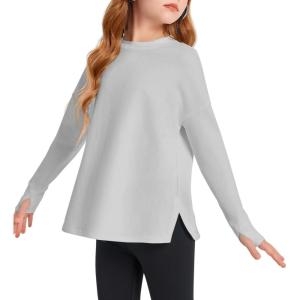 Haloumoning Girls Athletic Shirts Long Sleeve Active Quick Dry Tops Kids Gym Yoga Tees with Thumb Holes 5-14 Years(Grey)