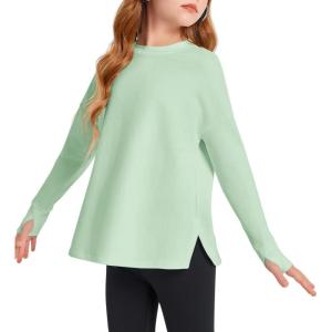 Haloumoning Girls Athletic Shirts Long Sleeve Active Quick Dry Tops Kids Gym Yoga Tees with Thumb Holes 5-14 Years(Light Green)