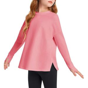 Haloumoning Girls Athletic Shirts Long Sleeve Active Quick Dry Tops Kids Gym Yoga Tees with Thumb Holes 5-14 Years(Pink)