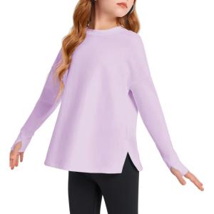Haloumoning Girls Athletic Shirts Long Sleeve Active Quick Dry Tops Kids Gym Yoga Tees with Thumb Holes 5-14 Years(Purple)