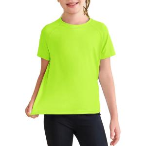 Haloumoning Girls Athletic Shirts Short Sleeve Quick Dry T-Shirt Kids Summer Tee Tops 5-14Y(Fluorescent Green)