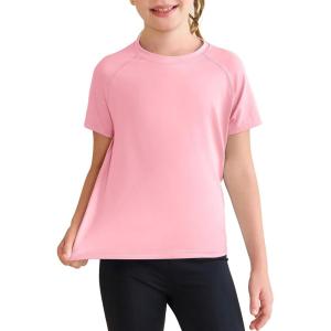 Haloumoning Girls Athletic Shirts Short Sleeve Quick Dry T-Shirt Kids Summer Tee Tops 5-14Y(Light Pink)