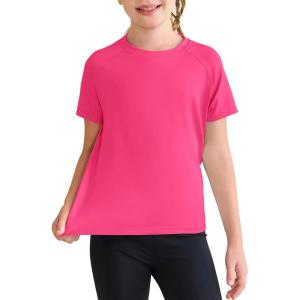 Haloumoning Girls Athletic Shirts Short Sleeve Quick Dry T-Shirt Kids Summer Tee Tops 5-14Y(Rose Red)