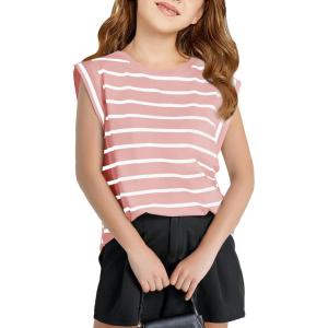 Haloumoning Girls Cap Sleeve T Shirts Summer Striped Tank Tops Tees 4-14 Years(Pink)