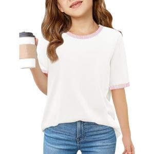 Haloumoning Girls Color Block Short Sleeve Shirts Kids Summer Striped Crewneck Tops Casual Tees 5-14 Years(White)