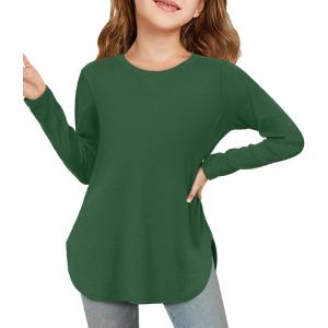 Haloumoning Girls Long Sleeve Shirts Kids Curve Hem Side Slit Soft Tunic Tops T-Shirts 5-14 Years(Army Green)