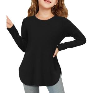 Haloumoning Girls Long Sleeve Shirts Kids Curve Hem Side Slit Soft Tunic Tops T-Shirts 5-14 Years(Black)