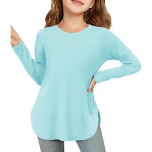 Haloumoning Girls Long Sleeve Shirts Kids Curve Hem Side Slit Soft Tunic Tops T-Shirts 5-14 Years(Mint Green)