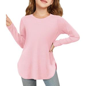 Haloumoning Girls Long Sleeve Shirts Kids Curve Hem Side Slit Soft Tunic Tops T-Shirts 5-14 Years(Pink)