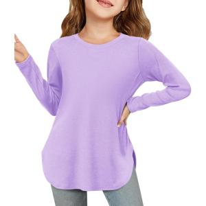 Haloumoning Girls Long Sleeve Shirts Kids Curve Hem Side Slit Soft Tunic Tops T-Shirts 5-14 Years(Purple)