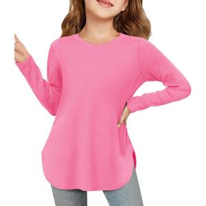 Haloumoning Girls Long Sleeve Shirts Kids Curve Hem Side Slit Soft Tunic Tops T-Shirts 5-14 Years(Rich Pink)