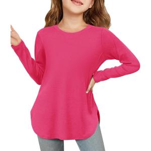 Haloumoning Girls Long Sleeve Shirts Kids Curve Hem Side Slit Soft Tunic Tops T-Shirts 5-14 Years(Rose Red)