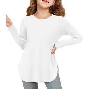 Haloumoning Girls Long Sleeve Shirts Kids Curve Hem Side Slit Soft Tunic Tops T-Shirts 5-14 Years(White)