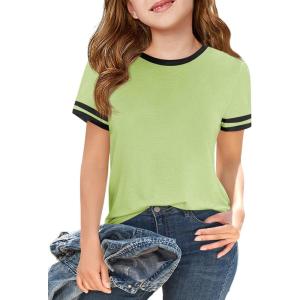 Haloumoning Girls Short Sleeve T Shirts Kids Summer Crewneck Color Block Tops Fashion Tees 5-14 Years(Fluorescent Green)