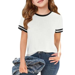 Haloumoning Girls Short Sleeve T Shirts Kids Summer Crewneck Color Block Tops Fashion Tees 5-14 Years(White)