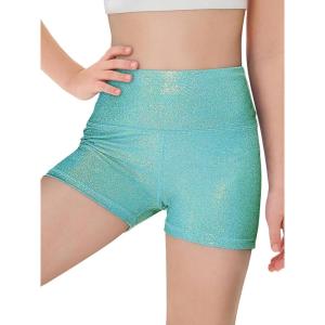 Haloumoning Girls Sparkle Glitter Athletic Shorts Kids High Waist Gymnastics Dance Shorts Tumbling Outfits 5-14 Years(Green)