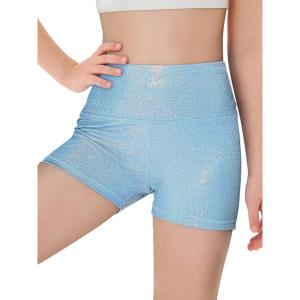 Haloumoning Girls Sparkle Glitter Athletic Shorts Kids High Waist Gymnastics Dance Shorts Tumbling Outfits 5-14 Years(Lake Blue)