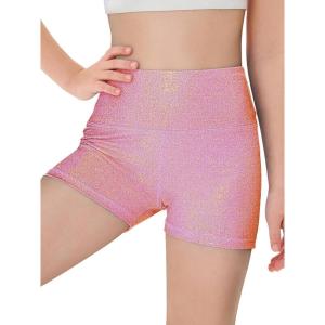 Haloumoning Girls Sparkle Glitter Athletic Shorts Kids High Waist Gymnastics Dance Shorts Tumbling Outfits 5-14 Years(Light Pink)