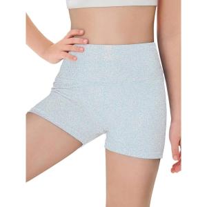 Haloumoning Girls Sparkle Glitter Athletic Shorts Kids High Waist Gymnastics Dance Shorts Tumbling Outfits 5-14 Years(White)