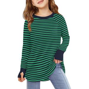 Haloumoning Girls Striped Thumb Hole Long Sleeve Shirts Kids Crewneck Tunic Tops Curved Hem Tees 5-14 Years(Dark Green)