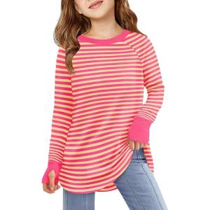 Haloumoning Girls Striped Thumb Hole Long Sleeve Shirts Kids Crewneck Tunic Tops Curved Hem Tees 5-14 Years(Hot Pink)