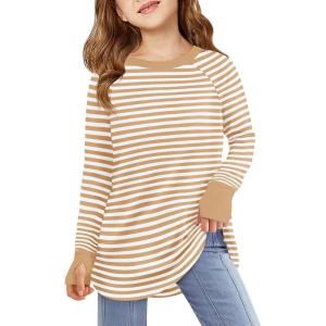 Haloumoning Girls Striped Thumb Hole Long Sleeve Shirts Kids Crewneck Tunic Tops Curved Hem Tees 5-14 Years(Khaki)