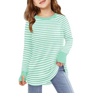 Haloumoning Girls Striped Thumb Hole Long Sleeve Shirts Kids Crewneck Tunic Tops Curved Hem Tees 5-14 Years(Minty)