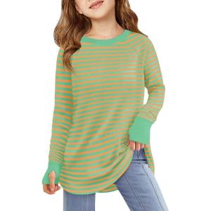 Haloumoning Girls Striped Thumb Hole Long Sleeve Shirts Kids Crewneck Tunic Tops Curved Hem Tees 5-14 Years(Orange and Green)