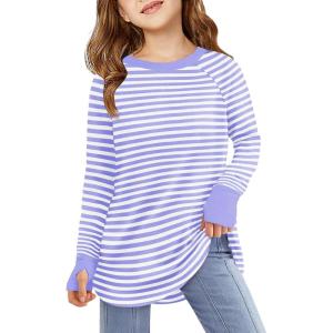 Haloumoning Girls Striped Thumb Hole Long Sleeve Shirts Kids Crewneck Tunic Tops Curved Hem Tees 5-14 Years(Purple)