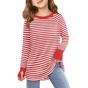 Haloumoning Girls Striped Thumb Hole Long Sleeve Shirts Kids Crewneck Tunic Tops Curved Hem Tees 5-14 Years(Red)