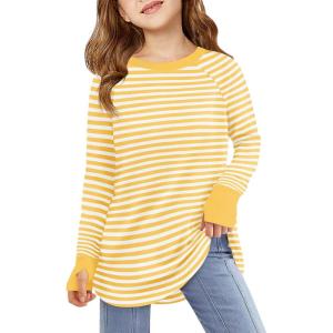 Haloumoning Girls Striped Thumb Hole Long Sleeve Shirts Kids Crewneck Tunic Tops Curved Hem Tees 5-14 Years(Yellow)